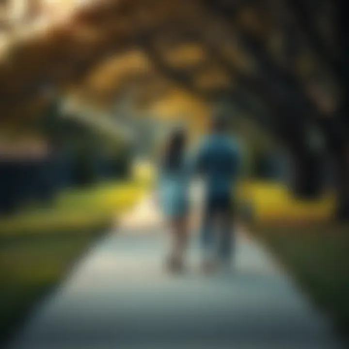 A couple walking away from each other in a park, reflecting sadness as they part ways after five years