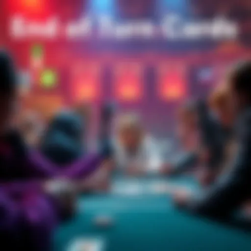 A colorful scene showing players engaging with End of Turn cards in a game, highlighting the Mary Jane card bringing excitement and new strategy