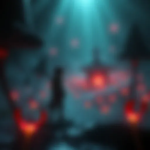 A character from Ender Lilies exploring a dark, mystical environment filled with spirits and shadows