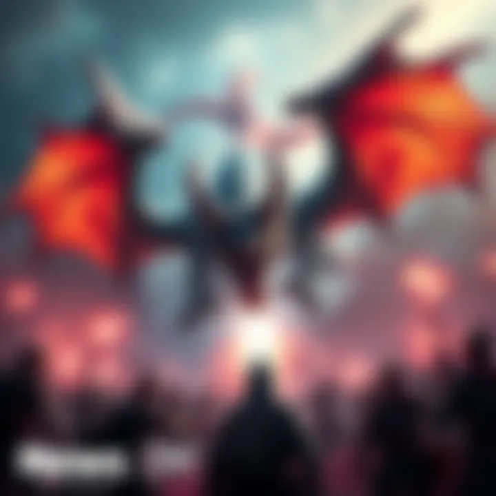 A fierce dragon-like creature appears during the endgame, surrounded by players preparing for battle.