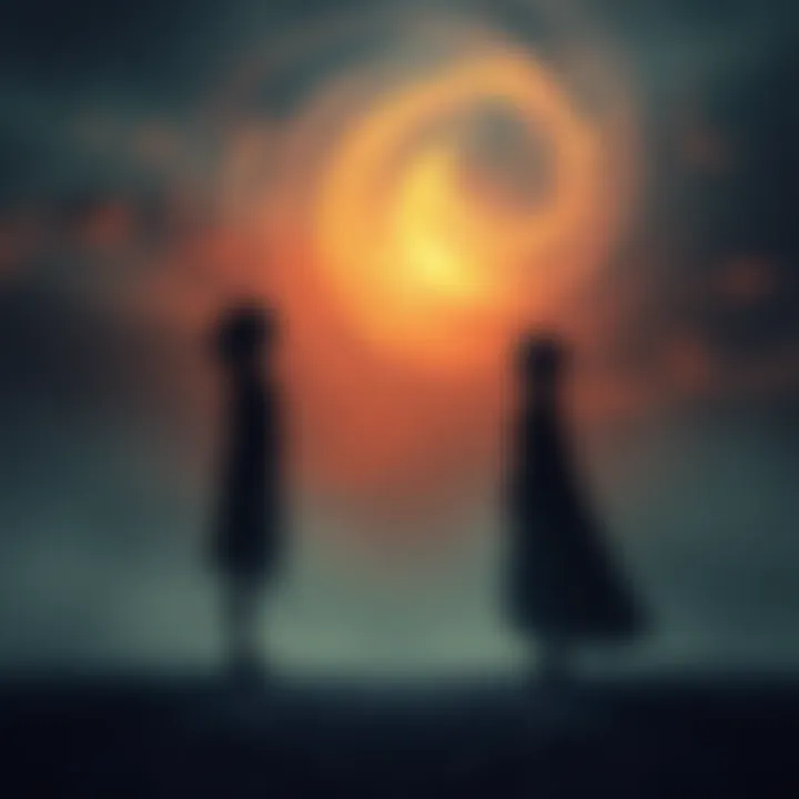 Endless and Sorun stand facing each other in a shadowy environment, expressing their regrets after death under a swirling sky.