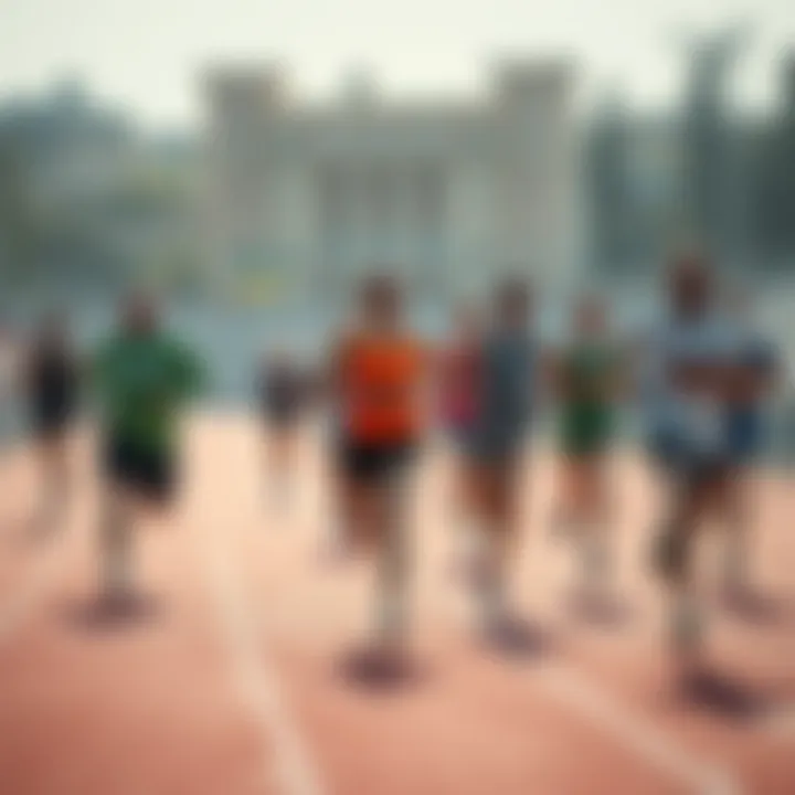 A diverse group of people enjoying an endurance track, featuring both beginners and experienced runners, showcasing a friendly environment