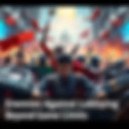 A group of diverse characters rallying together in an epic battle against powerful lobbying forces in a gaming environment