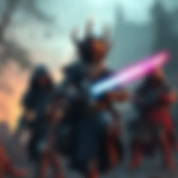 A fierce-looking enemy character standing confidently, gripping a glowing sword while surrounded by a tense group of adventurers.