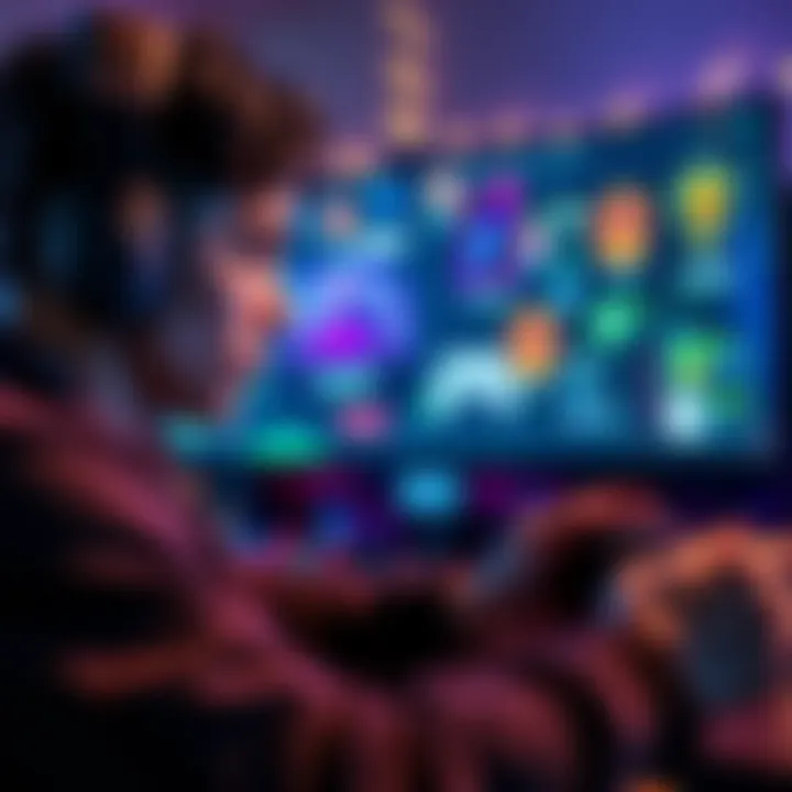 A person playing video games with a focused expression, surrounded by gaming achievements on the screen.