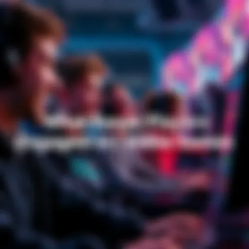 A group of players intensely focused on their video games, showing emotions of excitement and concentration with colorful gaming screens in the background.