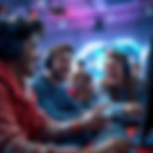 A group of players smiling and playing video games together, highlighting fun and engagement in gaming.