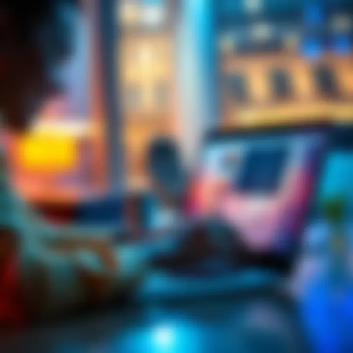 A person using a laptop, smiling while creating engaging online content with charts and graphics on the screen.