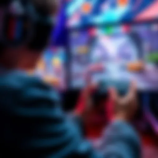 A person playing a video game, focused on the screen with a controller in hand, showing vibrant game graphics and action gameplay.