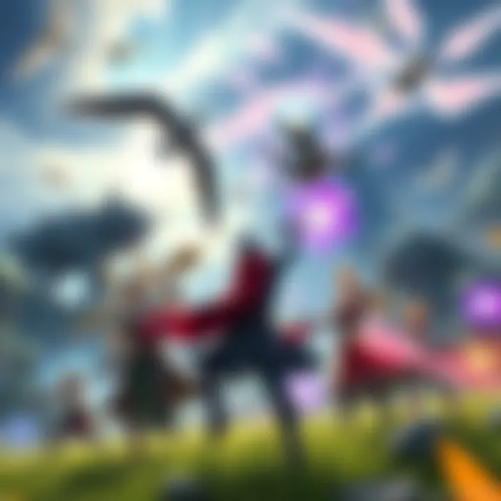 A group of characters from various JRPGs battling in a vibrant fantasy setting with detailed landscapes and magical effects