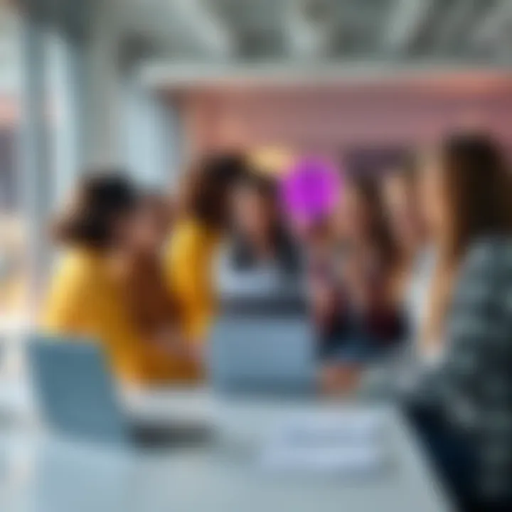 A group of diverse people discussing content strategies in a bright office setting with laptops and notes.