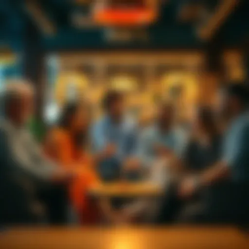 A group of diverse people sitting together, animatedly discussing and sharing ideas, with a warm and inviting atmosphere.