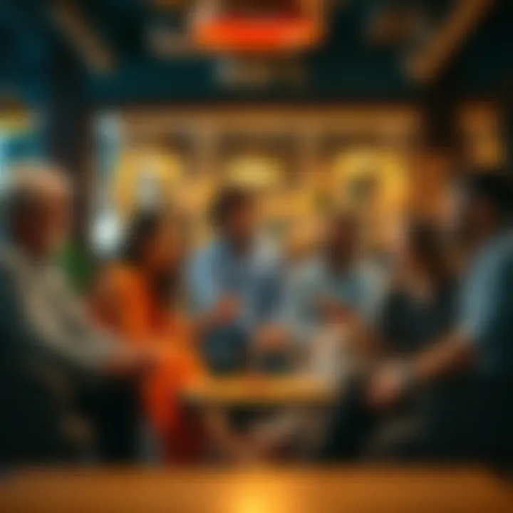 A group of diverse people sitting together, animatedly discussing and sharing ideas, with a warm and inviting atmosphere.