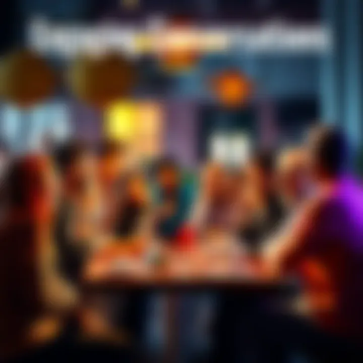 A group of diverse people animatedly discussing around a table, reflecting lively conversations sparked by a simple phrase.