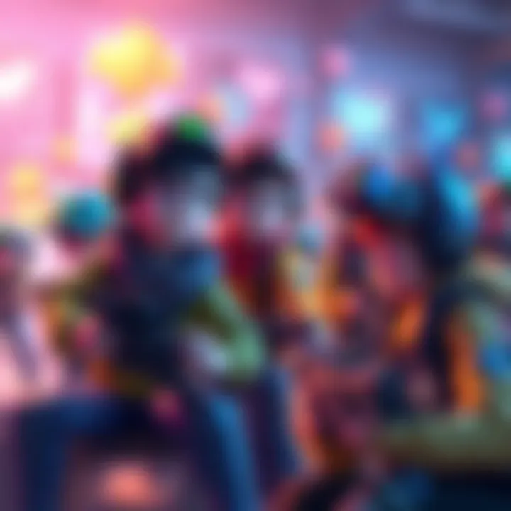 Colorful game characters interacting in a vibrant gaming world
