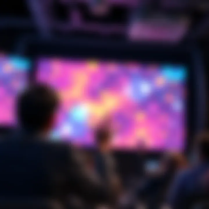 A person giving a dynamic presentation with colorful visuals on a large screen, capturing the audience's attention.