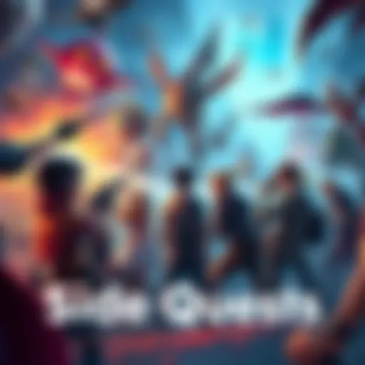 A group of players excitedly discussing their favorite side quests from video games, surrounded by game characters and vibrant scenes, showing diverse game worlds.