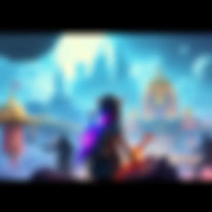 A vibrant scene showcasing a character exploring a fantasy world with mystical elements and a futuristic city in the background.