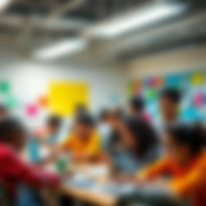 A diverse group of students actively participating in a creative classroom environment, sharing ideas and collaborating on projects.