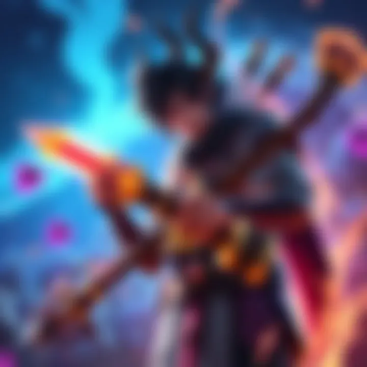 A character in a fantasy game holding a unique weapon surrounded by colorful effects, showcasing various build options for players