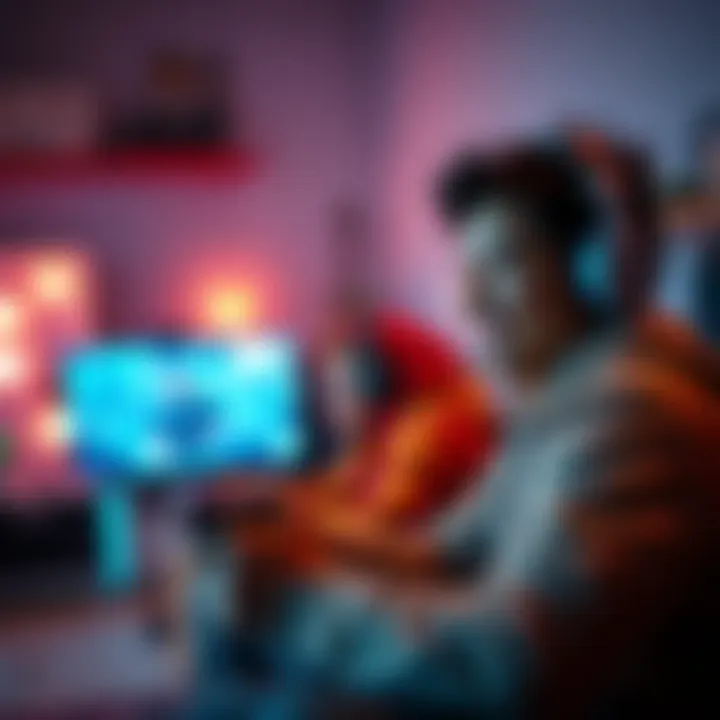 A gamer enjoying an exciting video game on a console, focused and smiling while playing