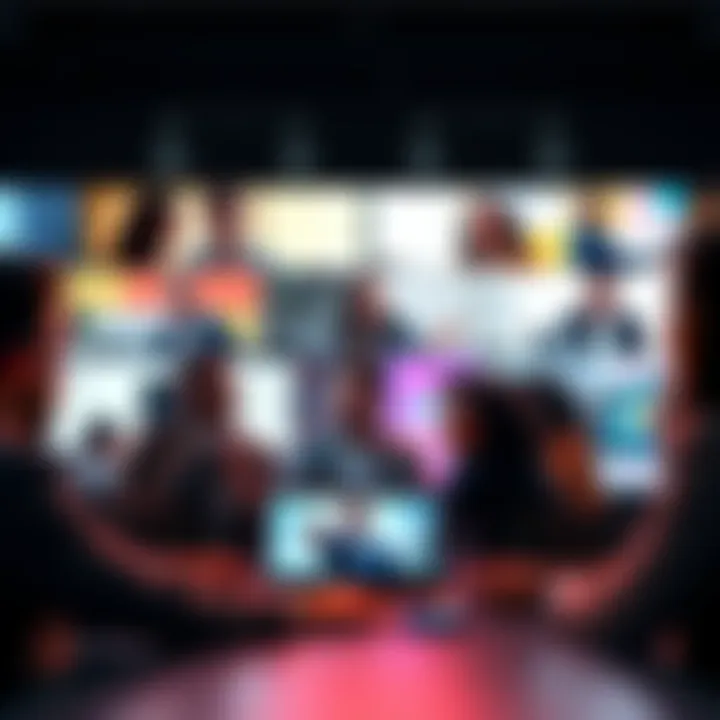 A diverse group of people participating in an online meeting, smiling and interacting through their screens.