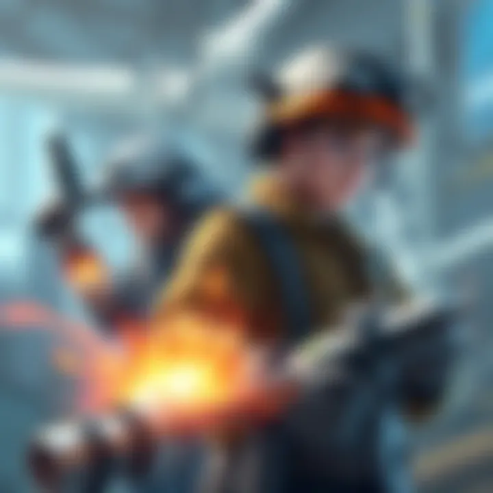 Characters resembling engineers and mechanics actively building and customizing in a game environment