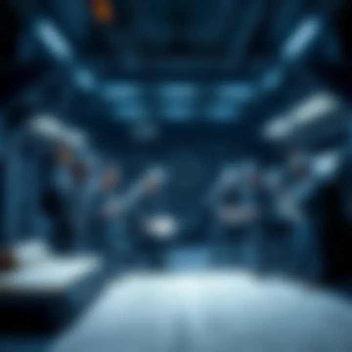 A group of engineers working together in a dark, underground setting, surrounded by blueprints and machinery, showcasing their knowledge preservation efforts.