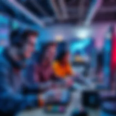A group of engineers engaged in playing STEM-focused video games, showing excitement and teamwork at their workspace.