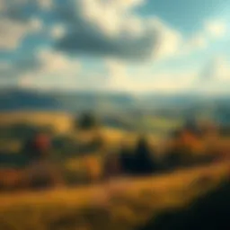 A vibrant and lush English countryside with rolling hills, trees, and open skies, reminiscent of Fable's world.