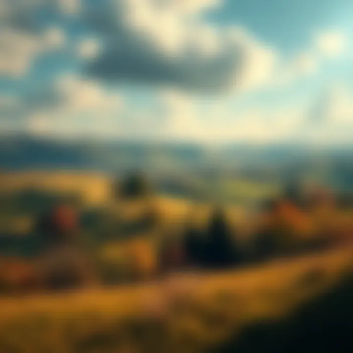 A vibrant and lush English countryside with rolling hills, trees, and open skies, reminiscent of Fable's world.