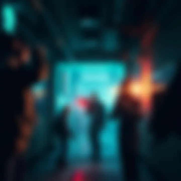 A scene showing intelligent non-playable characters reacting to lights and sounds in a stealth environment