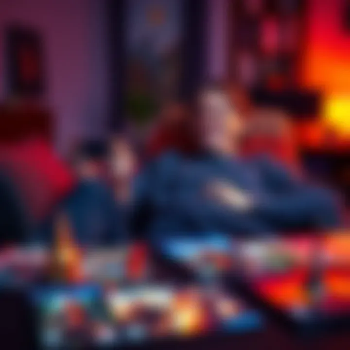 A player sitting back with a game controller, smiling and relaxing while looking at a variety of game covers on a table.