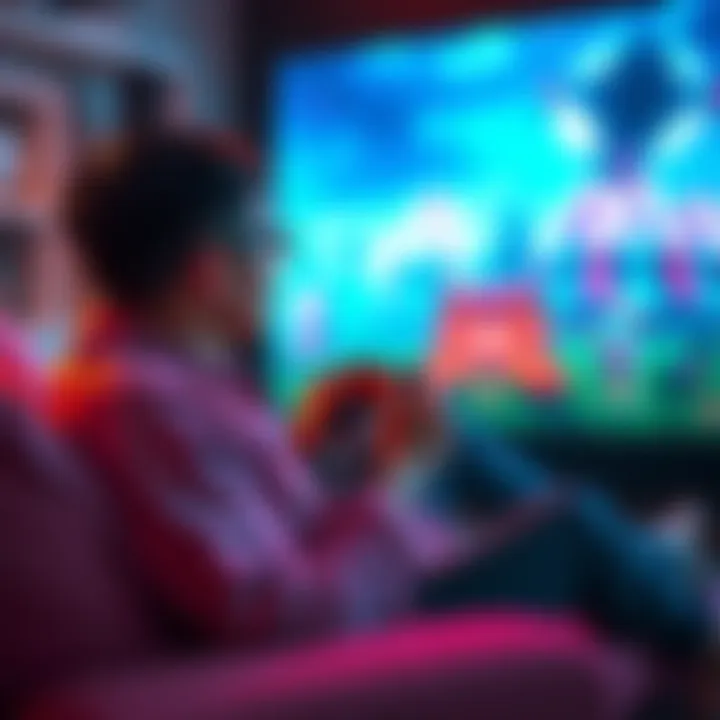Enjoying Gaming Slowly A person sitting comfortably with a game controller, immersed in a colorful game world, taking time to enjoy the scenery around them.