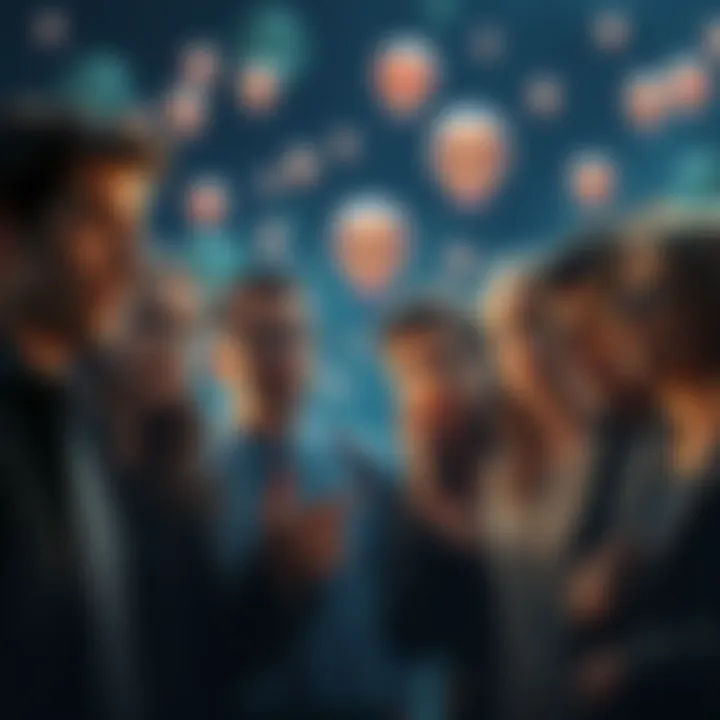 A group of curious people discussing the existence of mysterious entities, with expressions of surprise and intrigue.