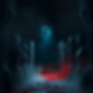 Entrance to Herald of Darkness A dark, mysterious gateway surrounded by shadows with hints of light peeking through, representing the Herald of Darkness game.