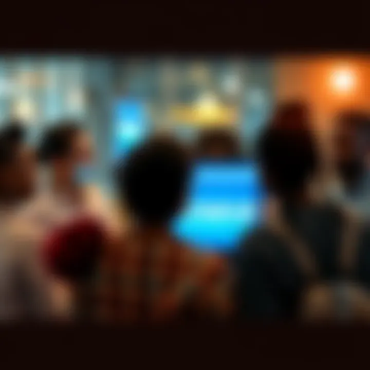 A group of diverse people engaging with a digital screen displaying Entrati's message.