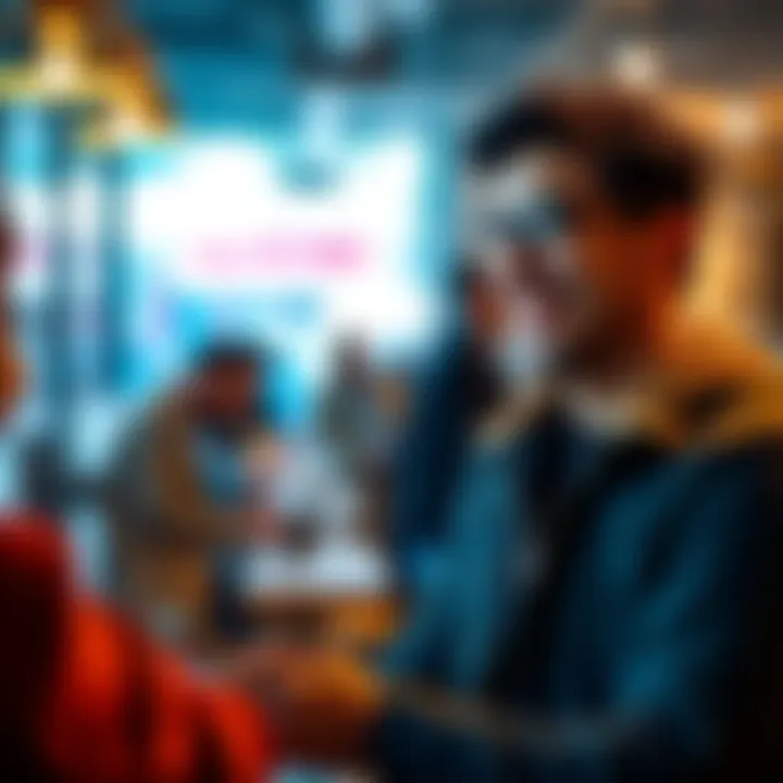 Entrepreneur with first customer An entrepreneur smiles while interacting with their first customer, celebrating a milestone in their business journey.