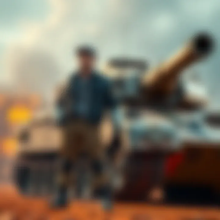 A character named Enzo standing confidently next to a powerful tank, showcasing strength and readiness for battle.