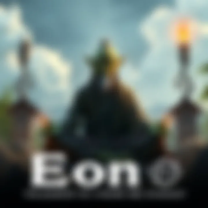 Eon, a Pacific orc, sits peacefully in a serene setting, dressed in monk robes, surrounded by nature and symbols of wisdom.