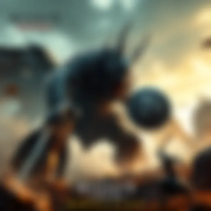 A fierce battle scene featuring the terrifying boss from Assassin's Creed Odyssey, with a warrior wielding a sword and shield against the powerful foe in a dramatic setting.