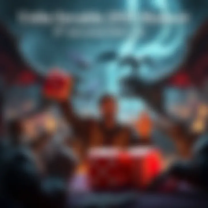 Epic DND Battle Scene A player celebrates a fourth consecutive critical hit during a DND game, with glowing dice and a dramatic battlefield backdrop featuring dragons and a glowing Guiding Bolt spell.