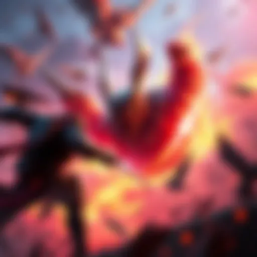 A player character engaged in an intense battle against a powerful enemy in a vibrant game environment.