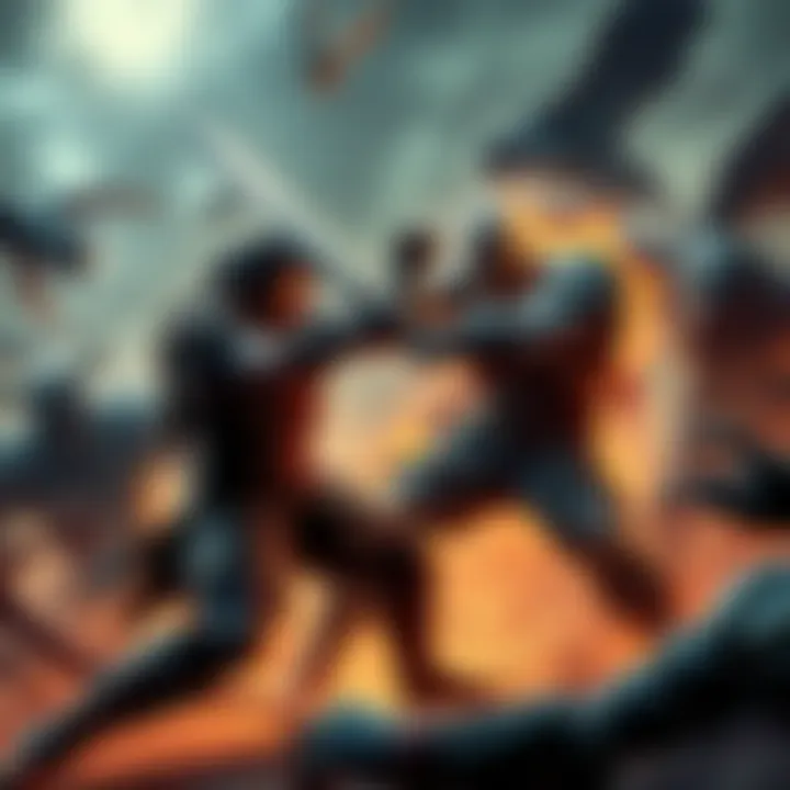 A fierce battle scene featuring a warrior with a sword fighting against monstrous creatures, showcasing intense combat and dynamic movements.