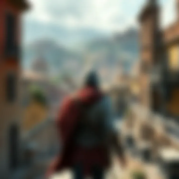 Epic Journey in Assassin's Creed Altair exploring a vibrant city with historical buildings and lush landscapes in the background, embodying the essence of Assassin's Creed's rich history.