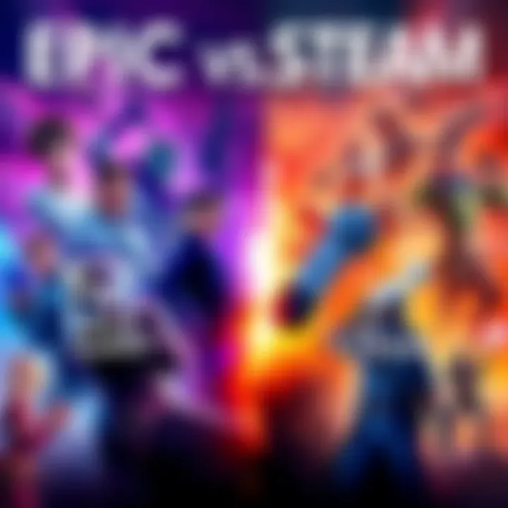 A dynamic graphic illustrating the rivalry between Epic Games Store and Steam, featuring iconic game characters from both platforms