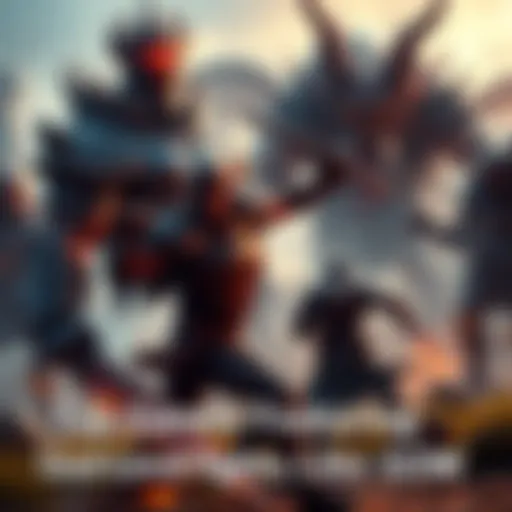 A character in armor engages in an intense fight with a giant creature in a dramatic setting