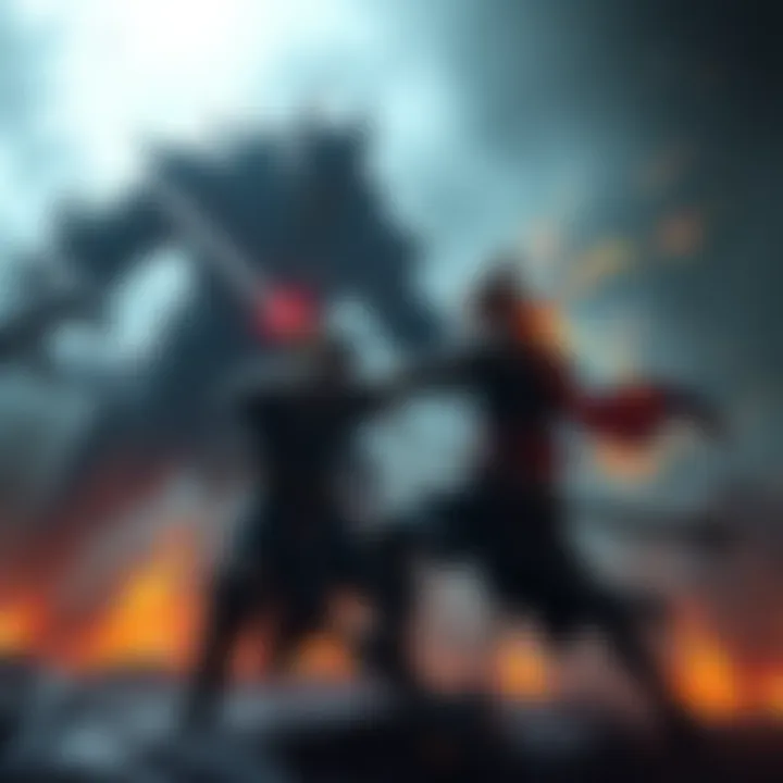A warrior fighting a monstrous enemy in a dark, atmospheric setting, showcasing intense combat and skill