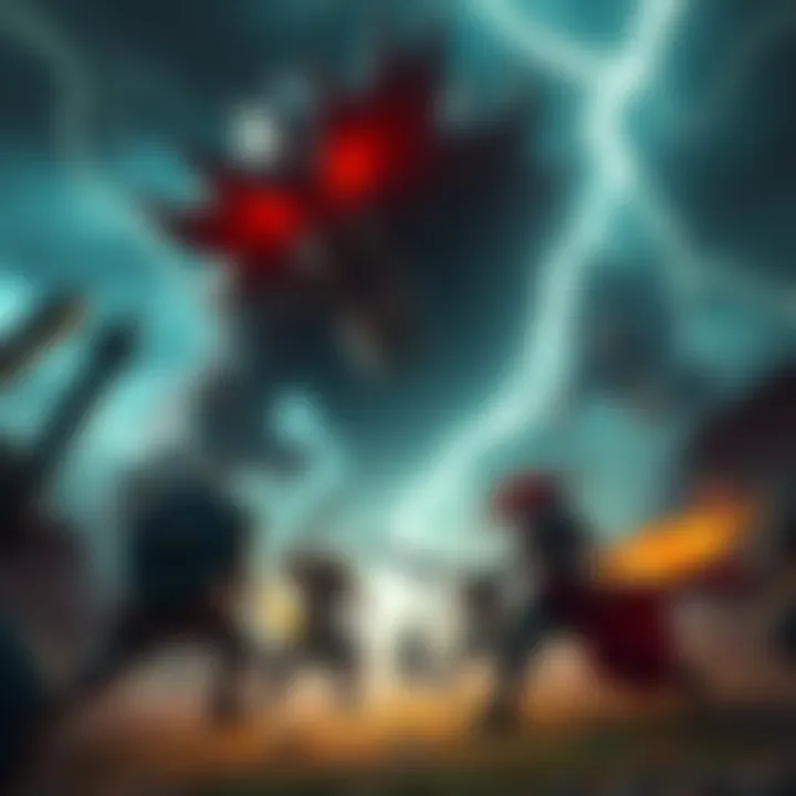 A fierce fight scene featuring a giant boss character with glowing eyes and an aggressive stance, surrounded by smaller warriors ready to attack. The background shows a dark, stormy sky with lightning...