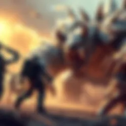 A player in armor facing a giant monster in an intense battle, showcasing various weapons and power upgrades.